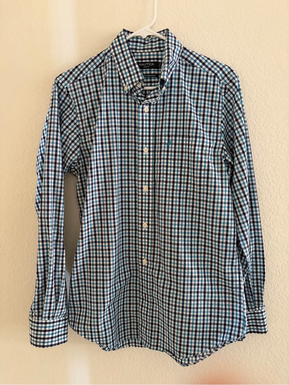 Nautica Men's Blue and White Checked Button-Down Oxford Shirt